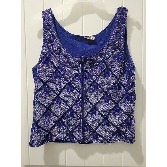 Idell Imports blue fringed beaded sequined cocktail top sleeveless wool Sz M Mod - Picture 5 of 12